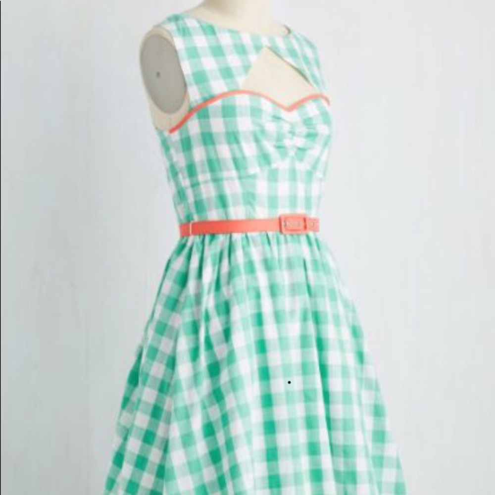 Mod Cloth gingham dress pockets Green White Peach Preppy Cotton Modcloth LG Sexy